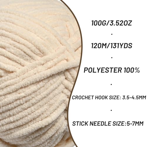 3 Packs Plush Chenille Chunky Crochet Yarn - Baby Yarn for Crocheting Soft - Velvet Yarns Knitting for Blankets Crafts - Fluffy Amigurumi Yarns 300g / 393yd (3 Beige) - color: 3 Beige