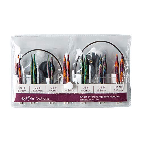 Knit Picks Mosaic Wood Short Interchangeable Knitting Needles Set US 4-10 | 7 sizes of 2.75 inch long knitting needles in multicolor, includes cables, end caps, and connectors. - color: Mosaic