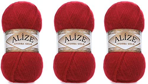 Alize Angora Gold Yarn 20% Wool 80% Acrylic Lot of 3skn 300gr 1805yds Thread Crochet Lace Hand Knitting Turkish Yarn (106-Red) - color: 106-Red