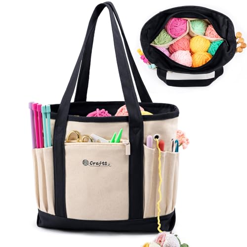 Canvas Yarn Storage Organizer Bag Washable Crochet Bag with Pockets for Yarn, Hooks, Needles – Travel Knitting Tote for Crafters – Gift for Crocheters & Knitters (Medium/Large) - color: Nature-Black, size: Medium-12.5“