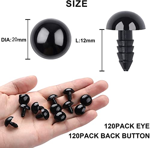 UPINS 120Pcs 20mm Plastic Safety Crochet Eyes with 120Pcs Washers for Craft | Black Plastic Eyes Bulk for Stuffed Animals, Crochet Toy Crafters, Doll Making Supplies - size: 20mm