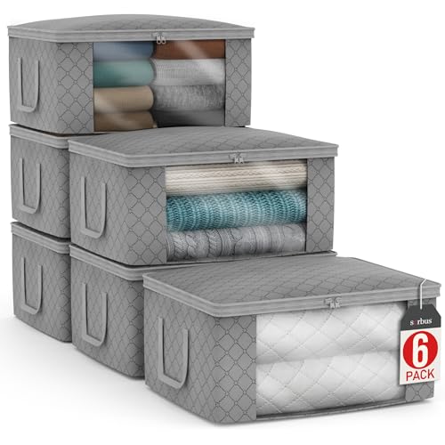 Sorbus Medium Clothes Storage Bags - Foldable Blanket Storage Bins for Organizing Bedroom, Closet, Clothing, Comforter, Organization with Clear Window, Lids and Carry Handles - Set of 6 - color: Gray, size: 6 Pack Large