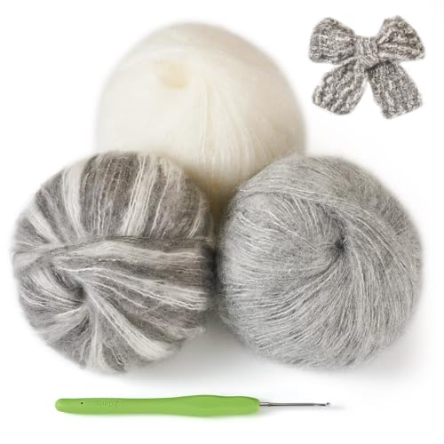3 Balls Soft Mohair Wool Yarn for Crocheting Knitting Hand Washable Long Wool Yarn DIY Scarf Crochet Thread for Clothes Hats Sweater Scarf Craft Projects - color: White