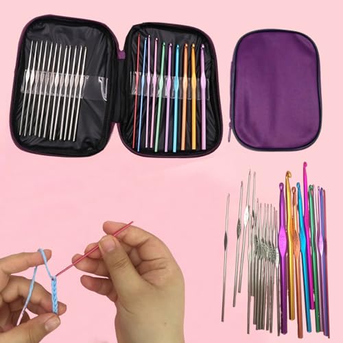 23 PCS Crochet Hooks Set Ergonomic Aluminum Handles Steel Tips Yarn Needles Crochet Accessories with Storage Case(Purple) - color: Purple