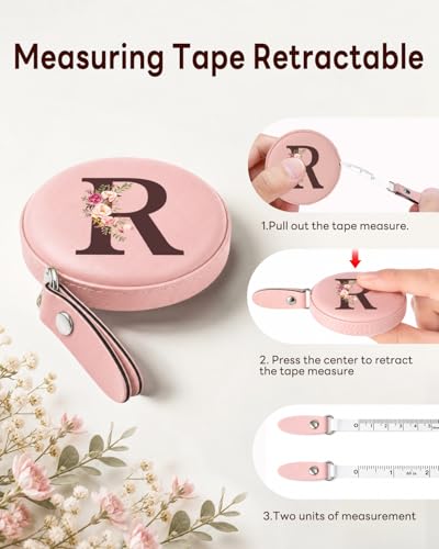 Maicican Retractable Tape Measure, Pink Leather Sewing Measuring Tape, R | with Initial A-Z, 60"/1.5m Soft Sewing Measuring Tape for Body Measurements, Portable Small Fabric Ruler - color: Tape Measure-Pink R