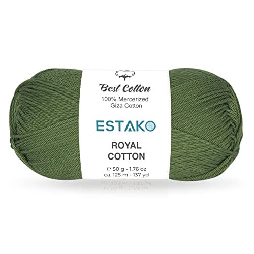 Estako Royal Cotton, 100% Mercerized Giza Cotton Yarn, Olive Green | soft, silky sheen, super fine, fingering 1, sock weight, 50 g, 137 yds, baby clothes, summer tops - color: 5062, size: 1 Skein