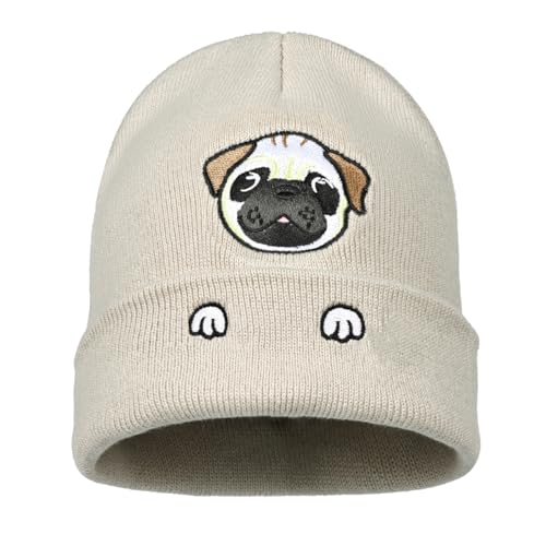 Personality Animal Head Embroidery Knit Beanie Hat for Adult and Big Kids Winter Warm Skull Cuffed Hats - color: Dog 2-beige