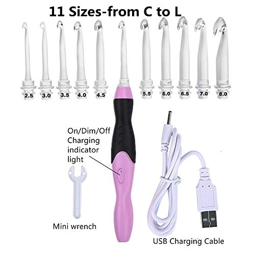 Yarniss 9 Sizes Ergonomic Crochet Hooks with Case,11 Sizes Light Up Crochet Hooks with Case,Rechargeable Crochet Hook with Light,2.5mm to 8mm