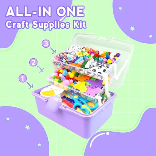 ZEIZHUBN Arts and Crafts Supplies for Kids Crafts Kit with Pipe Cleaners DIY Crafts for Kids Art School Supplies Materials All in Crafting Box Craft Supply Set Gifts for Kid Girls Boys Age 4-8, 8-12 - color: Purple