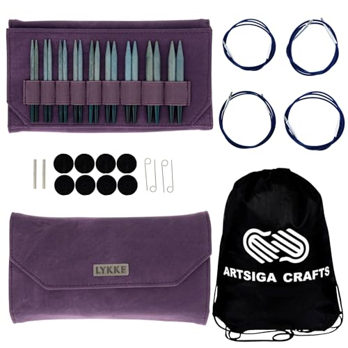Lykke Indigo 3.5-inch Interchangeable Circular Knitting Needle Set | Standard US 3, 4, 5, 6, 7, 8, 9, 10, 10.5 Violet Case, Birchwood Semi-Sharp Tips, Smooth Joins, Swivel Cables, Project Bag - color: Indigo-with-Violate-Case