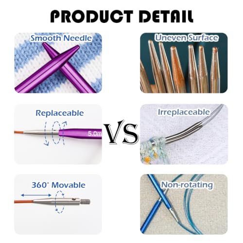 Lewhoo 9 Pair Short Circular Knitting Needles Set with 4 Cables 3.0~6.0mm | Aluminum Interchangeable Knitting Needle Purple With Case - color: Purple