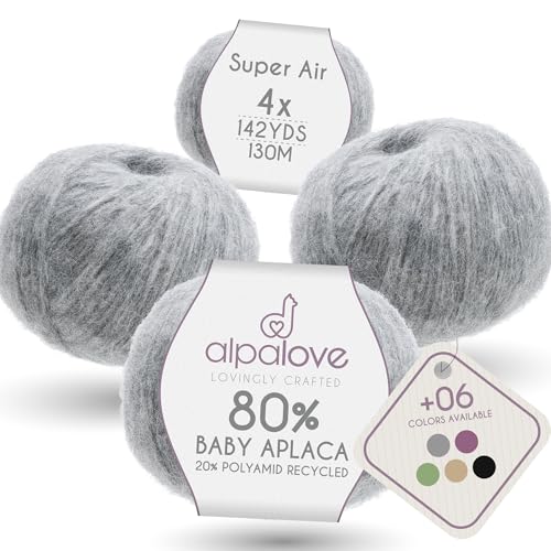 Super Air 4-Set Baby Alpaca - Soft and Fast Hand Knitting Yarn 7.05 oz/ 568 Yards - Natural Light Gray - color: NFA10 Light Gray