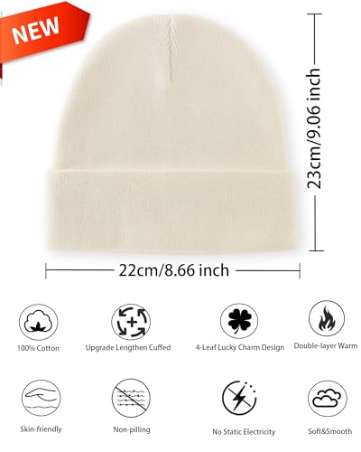 100% Cotton Beanie Lengthen Cuffed Beanies Knit Winter Hats Unisex | Double-Layer Warmth,Ultra-Soft 100% Cotton Knit,Long Non-itchy,Snug No-Slip Stretch Fit,Warm Winter Skull Cap - color: 1-beige