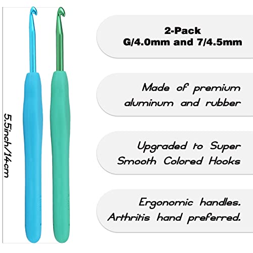YOJOB 2-Pack Size G / 4mm, 7/4.5mm Crochet Hooks, Ergonomic Crochet Hook | Super Smooth Knitting Needles with Soft Rubber for Beginner and Advanced (4.0mm, 4.5mm) - size: 4mm, 4.5mm