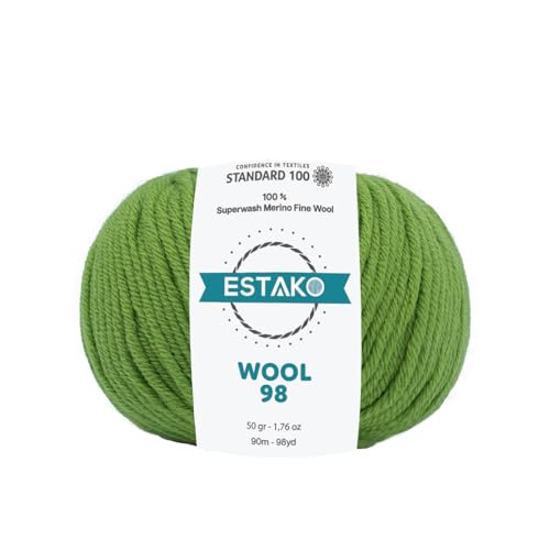 Estako Wool 98 100% Soft Superwash Merino Wool Worsted Weight Yarn, Green | 1.76 oz, 98 yds, cyc 4 medium, aran, machine washable, 5 mm needles, 6 mm hook, 20 sts gauge, crocheting, sweaters - color: 6371-Green, size: 1 Skein