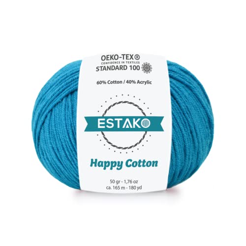 Estako Happy Cotton 60% Cotton 40% Acrylic Yarn, Sport 2, Dark Turquoise | soft, fine, 50 g, 180 yds, baby clothes, amigurumi, 2-3 mm hook, summer tops, hats, blankets - color: 4240 - Dark Turquoise, size: 1 Skein