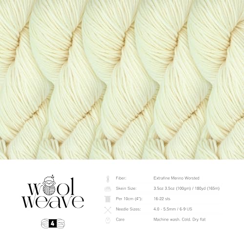 Woolweave Worsted Weight Yarn - 100% Extrafine Merino Wool Yarn for Knitting & Crocheting - Hand Dyed, Ultra-Soft & Warm - 100g Skein, 180 Yards - Machine Washable - color: Jasmine