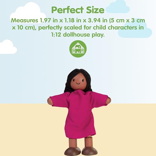 PlanToys® Girl Wooden Dollhouse Figurine Poseable 1:12 Scale 4-Inch Doll | daughter character, doll house people accessories, bendable arms, kids pretend play, storytelling learning gift ages 3+ - color: Hispanic Girl