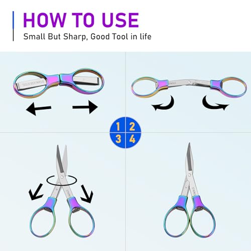 Friker Folding Scissors,Portable Telescopic Cutter Pocket Badge Scissors | 2 Pcs Mini Safe Rainbow Foldable Scissors for Household, Office, Handcrafts, Sewing, Nurse Use, Travel and Fishing - color: Rainbow