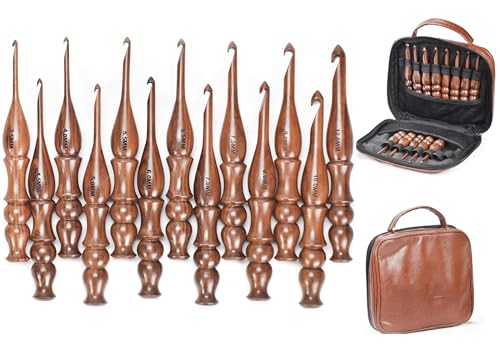 Wooden Crochet Hooks Set of 13 for Arthritic Hands | Ergonomic Soft Grip Handcrafted Knitting Needle for Crocheting and Knitting (Brown (Crochet - 2)) - color: Brown (Crochet - 2)