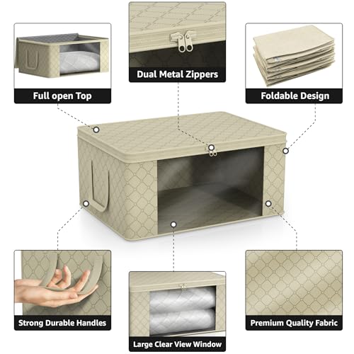 Sorbus Medium Clothes Storage Bags - Foldable Blanket Storage Bins for Organizing Bedroom, Closet, Clothing, Comforter, Organization with Clear Window, Lids and Carry Handles - Set of 6 - color: Beige, size: 6 Pack Large