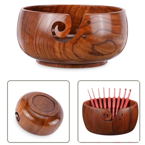 Wooden Yarn Bowl Holder, Craft Knitting Bowl with 9pcs Silicone Crochet Hooks and Crochet Ring, 6 Inch Yarn Storage Crochet Bowl Set Gift for Knitters Women Mother Grandma