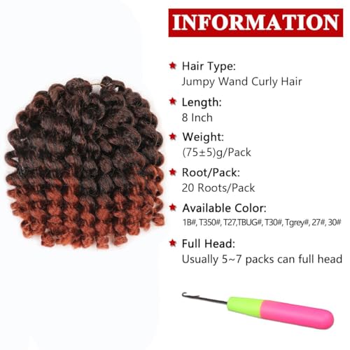 5 Packs Jamaican Bounce Crochet Hair 8 Inch Jumpy Wand Curl Crochet Hair for Women Curly Bounce Crochet Braids Hair Extension Twist Hair(T350# 20 strands/pack) - color: 1B/350#, size: 8 Inch (Pack of 5)