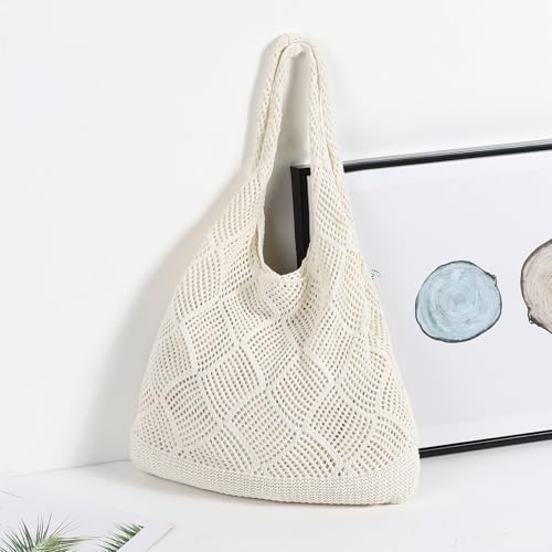 WantGor Crochet Bags, Beach Mesh Tote Bag Womens Shoulder Shopping Handbag | Casual Travel Totes Bag Foldable Hobo Bags - color: Beige Apricot