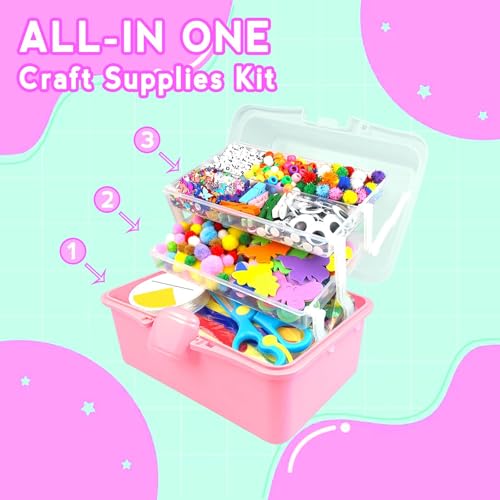 ZEIZHUBN Arts and Crafts Supplies for Kids Crafts Kit with Pipe Cleaners DIY Crafts for Kids Art School Supplies Materials All in Crafting Box Craft Supply Set Gifts for Kid Girls Boys Age 4-8, 8-12 - color: Rose