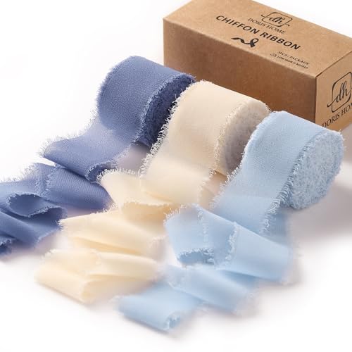 DORIS HOME Handmade Frayed Fringe Chiffon Ribbon 1" x 21Yd Blue & Ivory | Fabric Ribbon, For Flower Bouquet/Gift Wrapping/Wedding Invitations/Party Decorations - color: Blue and Ivory