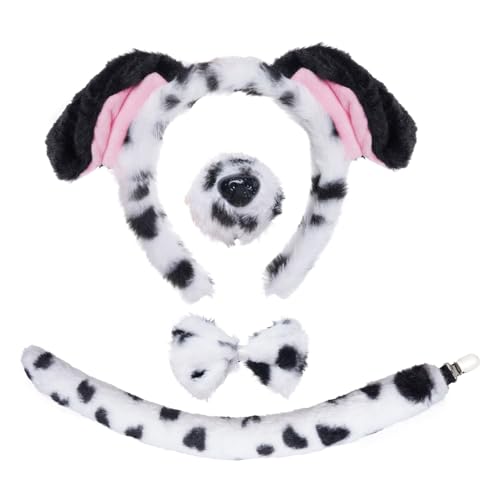 Jmkcoz 4 Pcs Dalmatian Dog Costume Set Puppy Dog Ears Headband and Tail Nose Bow Tie for 100 Days of School Halloween Cosplay - color: Black