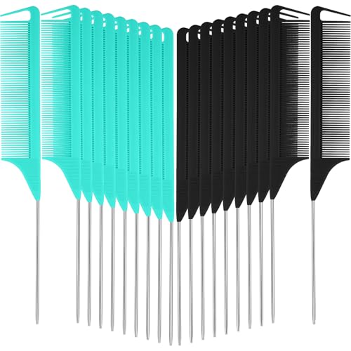 Patelai 30 Pcs Rat Tail Steel Combs Fine Tooth Bulk,Lake Green, Black | Long Steel Pin Pintail Bulk for Salon Hair Stylists ,Hair Teasing Fine Tooth Comb for Women,Teasing Detangling Tools - color: Lake Green, Black