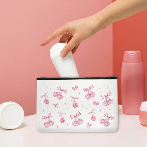 Coquete Makeup Bag Pink Bow Disco Makeup Bsg for Teen Girls Preppy Cosmetic Bags Gift Trendy Cute Aesthetic Stuff Travel Toiletry Bag for Women Birthday Chrismas - style: Pink Bow Disco