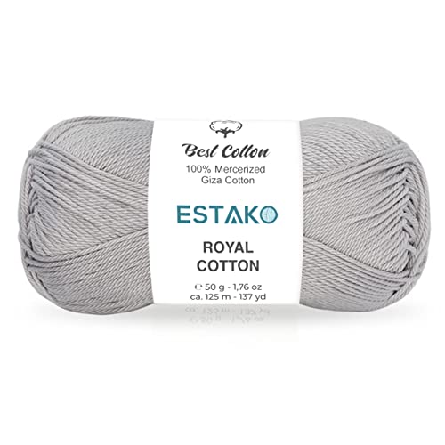 Estako Royal Cotton, 100% Mercerized Giza Cotton Yarn, Light Grey | soft, silky sheen, super fine, fingering 1, sock weight, 50 g, 137 yds, baby clothes, summer tops - color: 5056 - Light Grey, size: 1 Skein