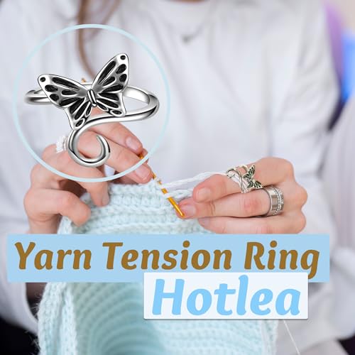 4 Pieces Crochet Ring for Finger Adjustable Yarn Tension Rings for Crocheting Yarn Guide Knitting Rings Crochet Tools - color: Rose & Butterfly & Feather Crochet Rings Set