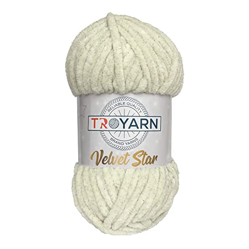 TROYARN Velvet Star, Silvery Glitter Chenille Baby Blanket Yarn Amigurumi Yarn for Crocheting and Knitting Super Bulky 100 gr (120 yds) Length: 110 m (10402 - Cream, 1 Skein) - color: 10402 - Cream, size: 1 Skein