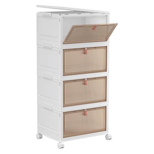 YFXCVSL 4 Tier Plastic Storage Bins with Lid 32QT, Stackable Storage Bins | Plastic Storage Bins with Wheels, Folding Storage Boxes, Organizers and Storage for Living Room,Office,Dorm - size: 4-Tier 32QT