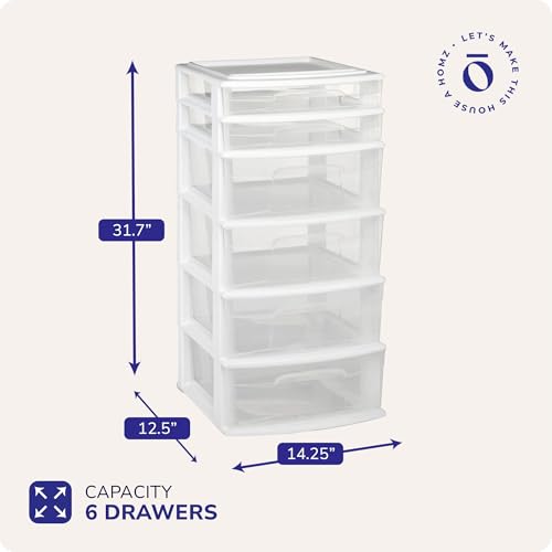 HOMZ Drawer Tower, 6-Tier Storage Cart with Removable Wheels, White Frame | Plastic Organizer with Clear Bin Drawers for Bedroom, Bathroom, Home Office, and Dorm Rooms