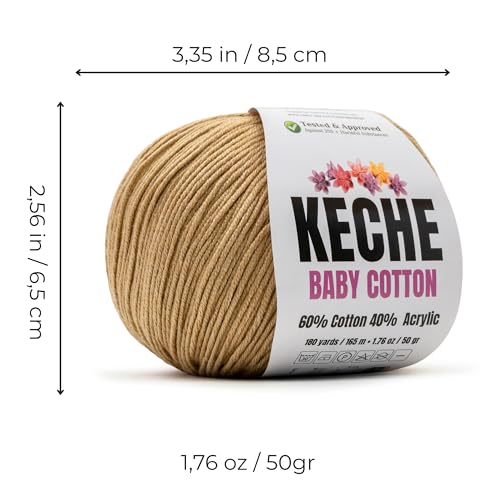 Keche Baby Cotton, 60% Cotton 40% Acrylic Yarn, Soft Cotton Yarn for Crochet and Knitting, Amigurumi Yarn 1 Skein/Ball 1.76 Oz (50g) / 180 Yrds (165m) - Cappuccino - color: CAPPUCCINO, size: 1 SKEIN