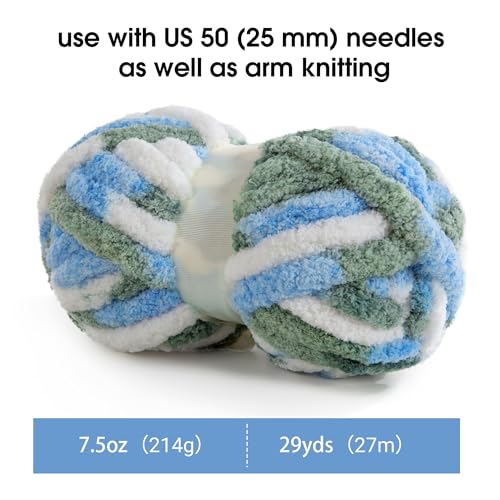 MABOZOO Tie Dye Chunky Yarn for Crocheting 8 Pack,Blue Fluffy Jumbo Chenille Yarn,Soft Plush Yarn Bulky,Giant Thick Fuzzy Yarn for Hand Knitting or Arm Knitting (31.7 yds,8 oz Each Skein) - color: Blue,Green,White