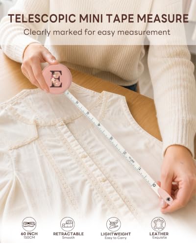 Maicican Retractable Tape Measure, Pink Leather Sewing Measuring Tape, E | with Initial A-Z, 60"/1.5m Soft Sewing Measuring Tape for Body Measurements, Portable Small Fabric Ruler - color: Tape Measure-Pink E