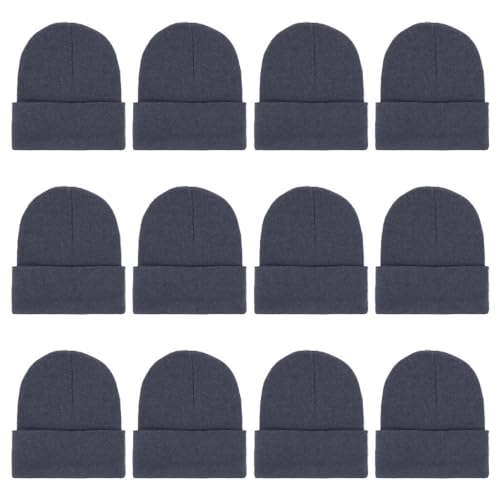 ZH 12-Pack Knitted Winter Beanie Hats for Men and Women, Warm and Cozy Cuffed Skull Caps, Bulk Purchase - color: Dark Gray