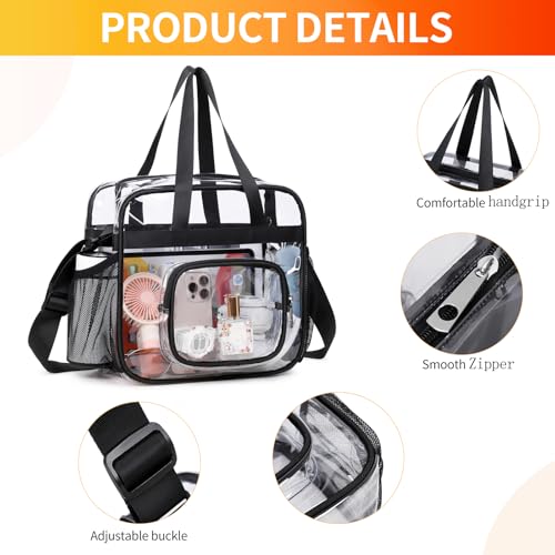 Clear Bags Stadium Approved,See Through Tote Bag+Shoulder Strap Large Transparent Bag - color: Small Size Black