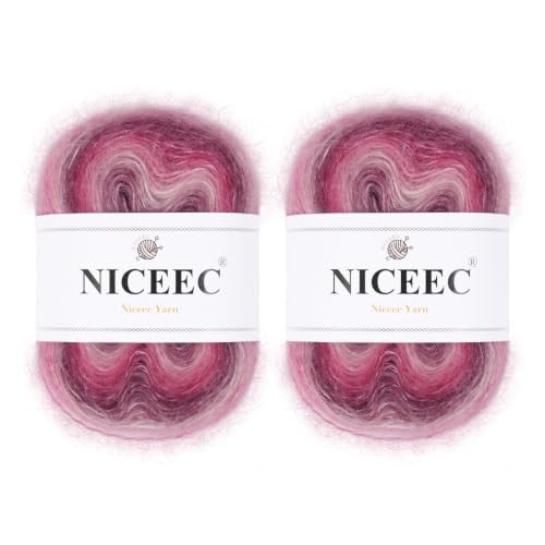 NICEEC 2 Skeins Fancy Mohair Blend Yarn 3.53oz/438yds - Blush | Crochet & Knit, DIY Project Starter Kit，Handbag，Sun Hat，Shoes， Shopper Bag - color: Blush
