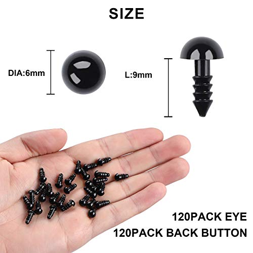UPINS 120Pcs 6mm Plastic Safety Crochet Eyes with 120Pcs Washers for Crafts | Black Plastic Eyes Bulk for Stuffed Animals, Crochet Toy Crafters, Doll Making Supplies - size: 6mm