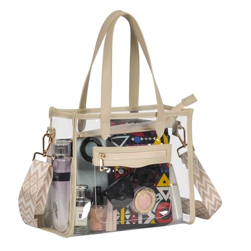 Clear Tote Bag for Women Thick PVC Clear Bag Transparent Stadium Bag with Guitar Strap - color: Beige