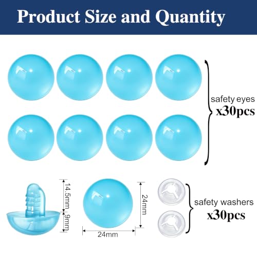 Thalinfayi 24mm Large Safety Eyes Craft Eyes for Amigurumi Crocheting | 60pcs Plastic Safety Eyes and Washers for DIY Crafts Amigurumi Stuffed Animals Handmade Projects. Tool-Free Installation - color: Light Blue
