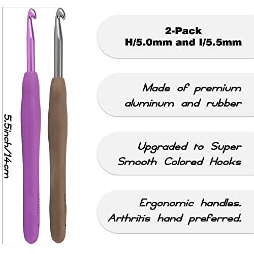 YOJOB 2-Pack Size H / 5mm, I / 5.5mm Crochet Hooks, Ergonomic Crochet Hook | Super Smooth Knitting Needles with Soft Rubber for Beginner and Advanced (5.0mm,5.5mm) - size: 5mm,5.5mm