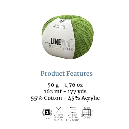 Baby Cotton Yarn, 55% Cotton 45% Acrylic, Fine (2) for Crochet and Knitting 1.76 Oz (50g) / 177 Yrds (162m), Soft Yarn, Amigurumi Yarn - color: Green, size: 1 Skein