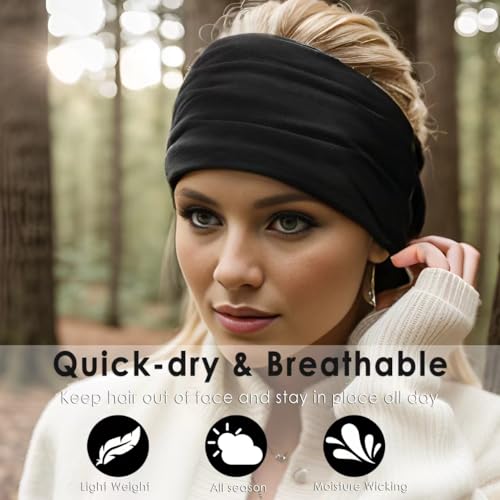 HAUHC Extra Wide Headbands for Women, 7'' Large Cotton Like Turban Knotted Bandana Head Bands for Women Non Slip, Boho Headbands for Women's Hair (3Pcs White + 3Pcs Black, Extra Large 7" Wide) - color: White + Black